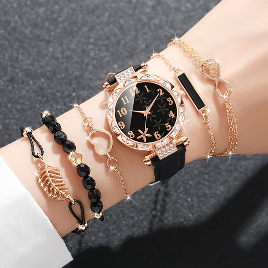 CÉLESTE — 6-Piece Watch & Bracelet Set · Black & Gold - TZ