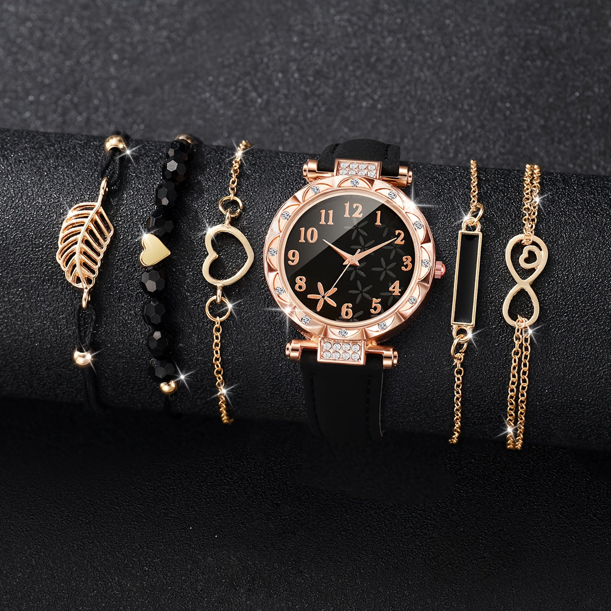 CÉLESTE — 6-Piece Watch & Bracelet Set · Black & Gold - TZ