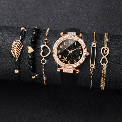 CÉLESTE — 6-Piece Watch & Bracelet Set · Black & Gold - TZ