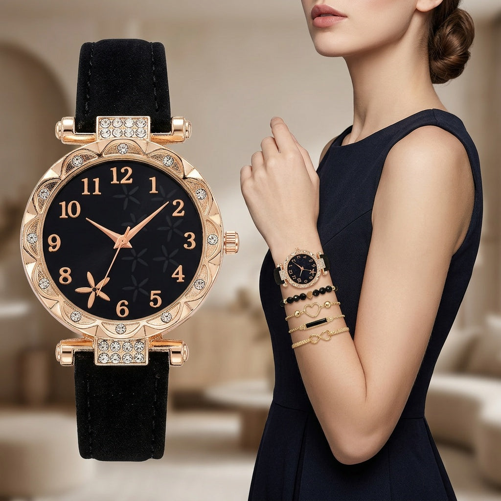 CÉLESTE — 6-Piece Watch & Bracelet Set · Black & Gold - TZ