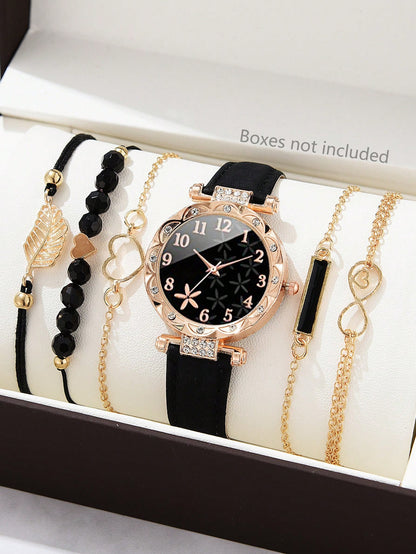 CÉLESTE — 6-Piece Watch & Bracelet Set · Black & Gold - TZ