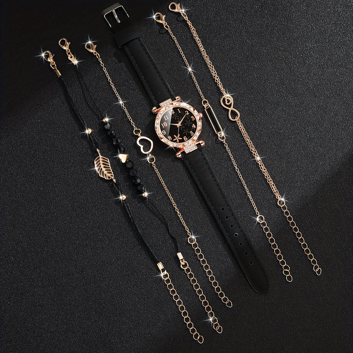 CÉLESTE — 6-Piece Watch & Bracelet Set · Black & Gold - TZ