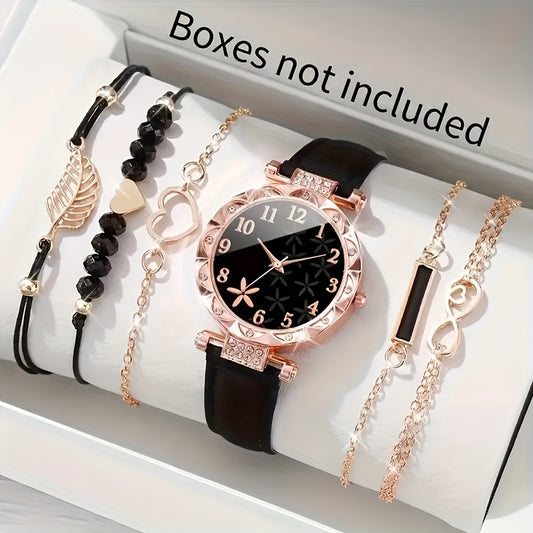 CÉLESTE — 6-Piece Watch & Bracelet Set · Black & Gold - TZ